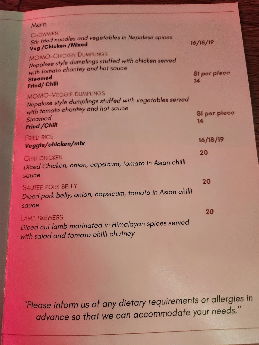 Menu, The Maya Lounge