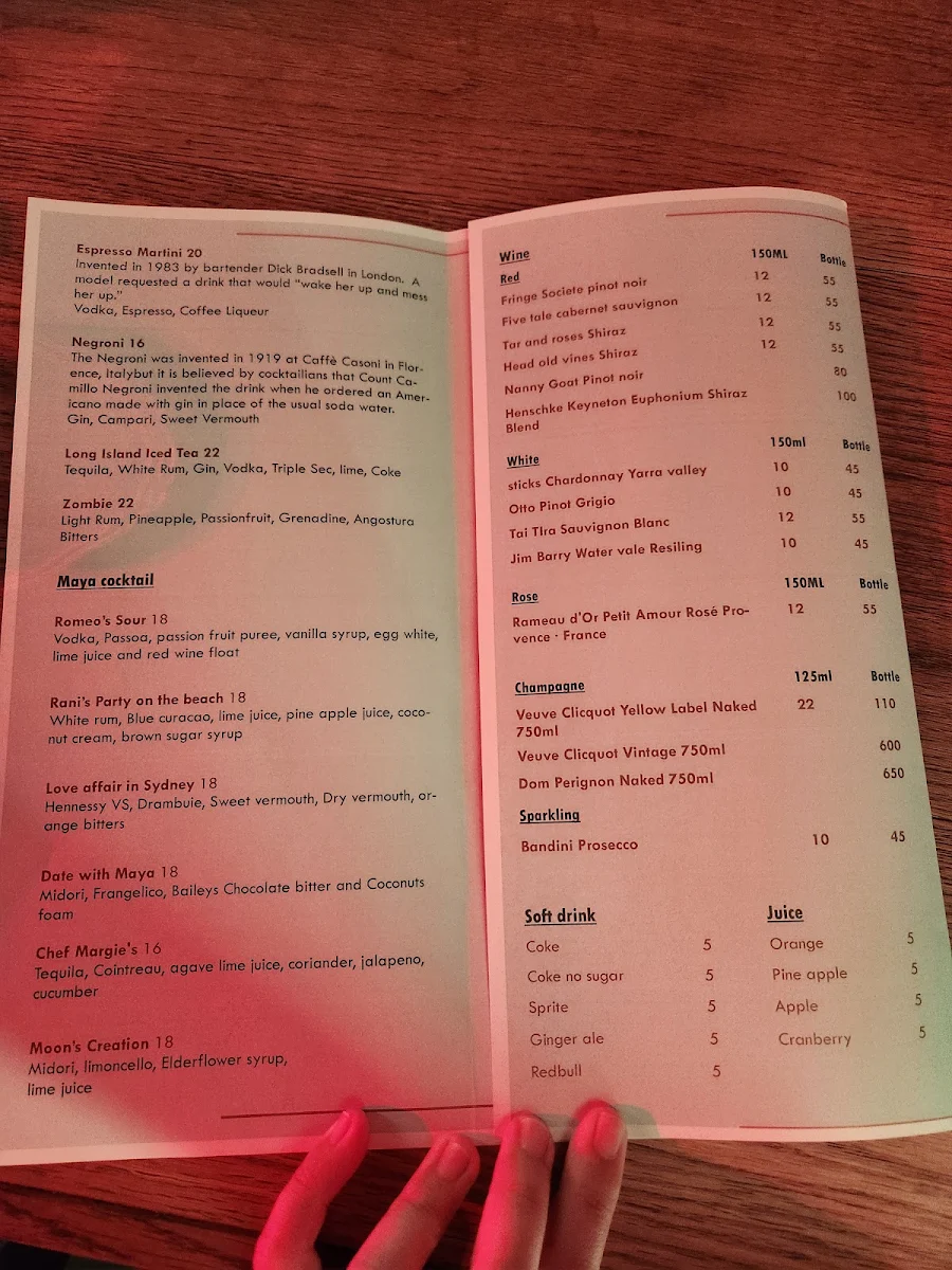 Menu, The Maya Lounge