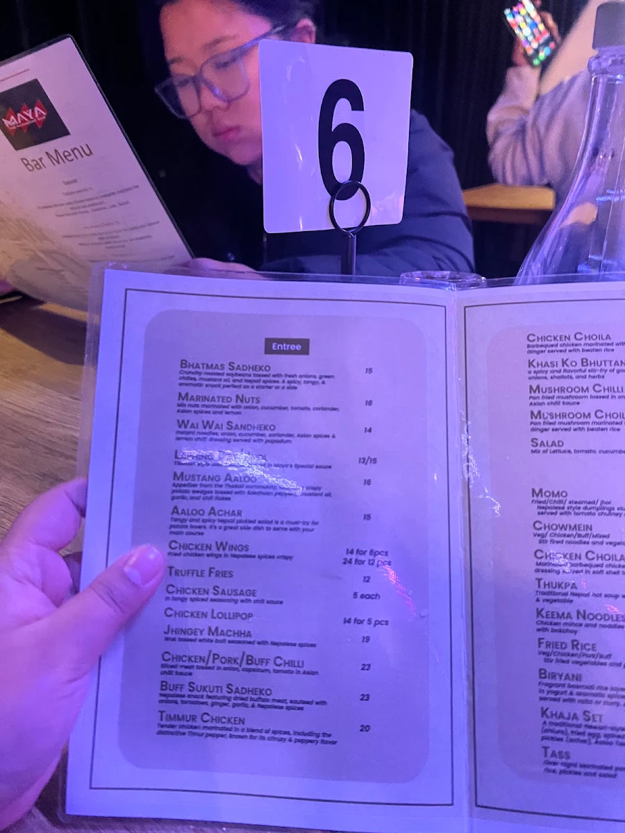 Menu, The Maya Lounge