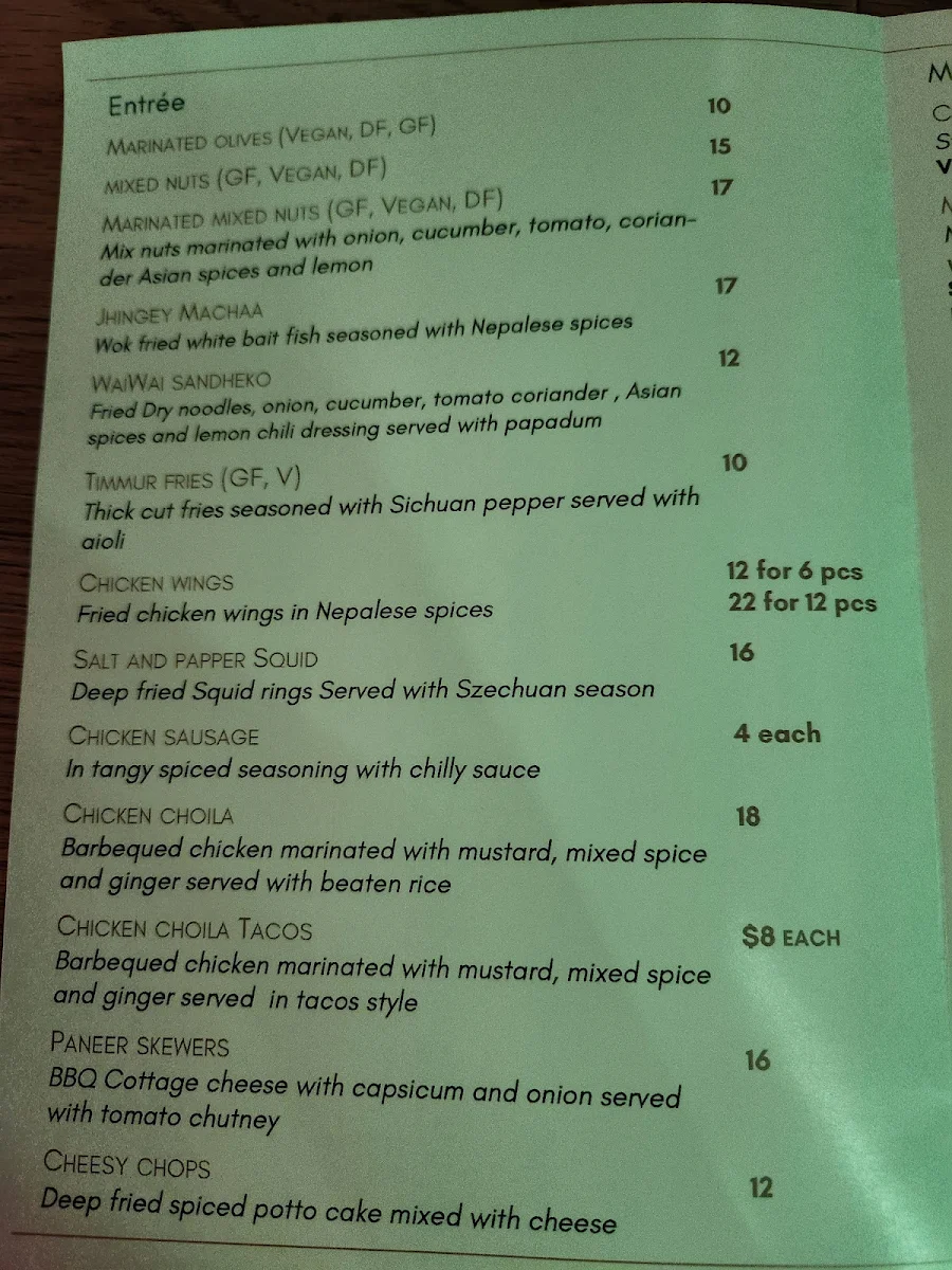 Menu, The Maya Lounge