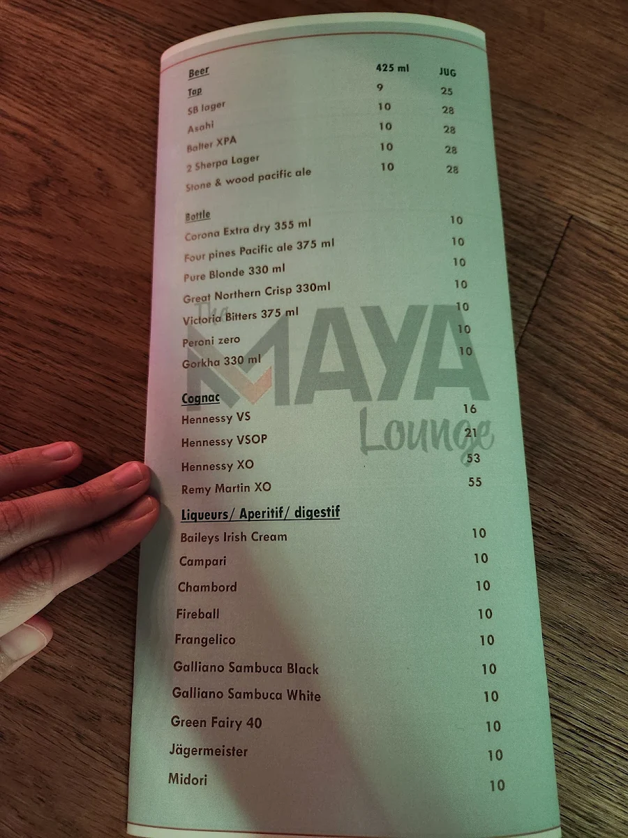 Menu, The Maya Lounge