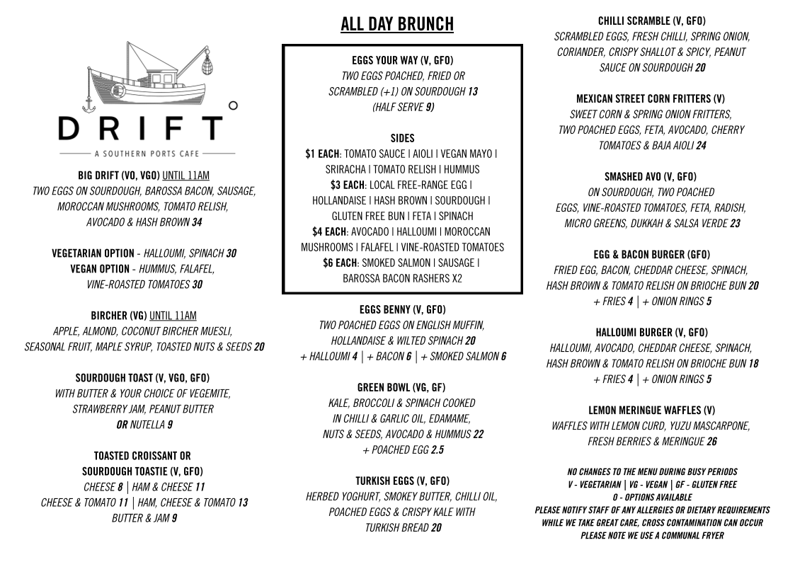 Menu, Drift @ Robe