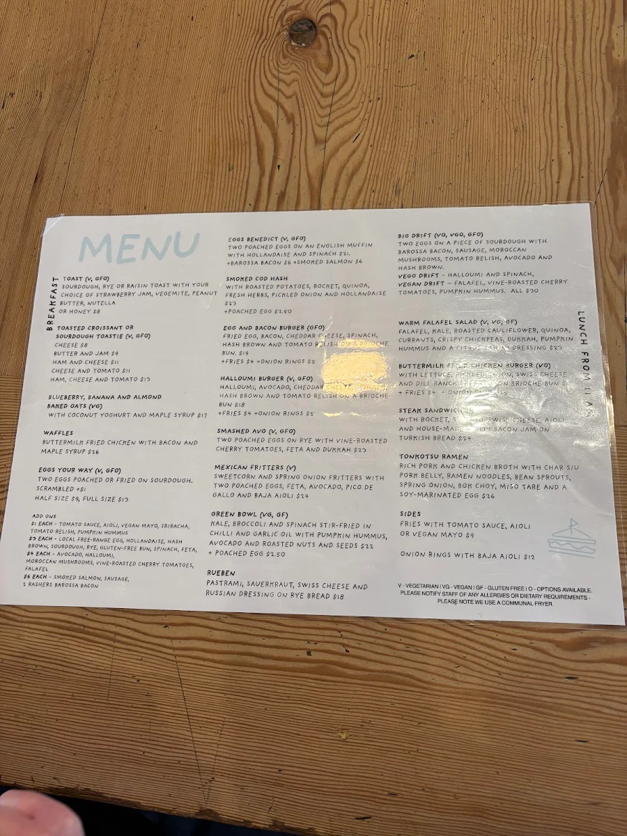 Menu, Drift @ Robe