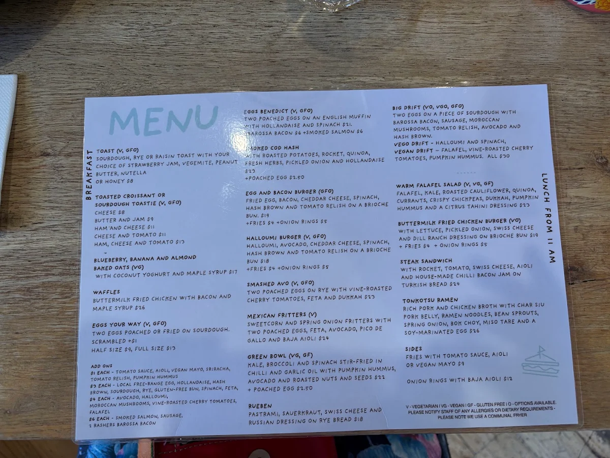 Menu, Drift @ Robe