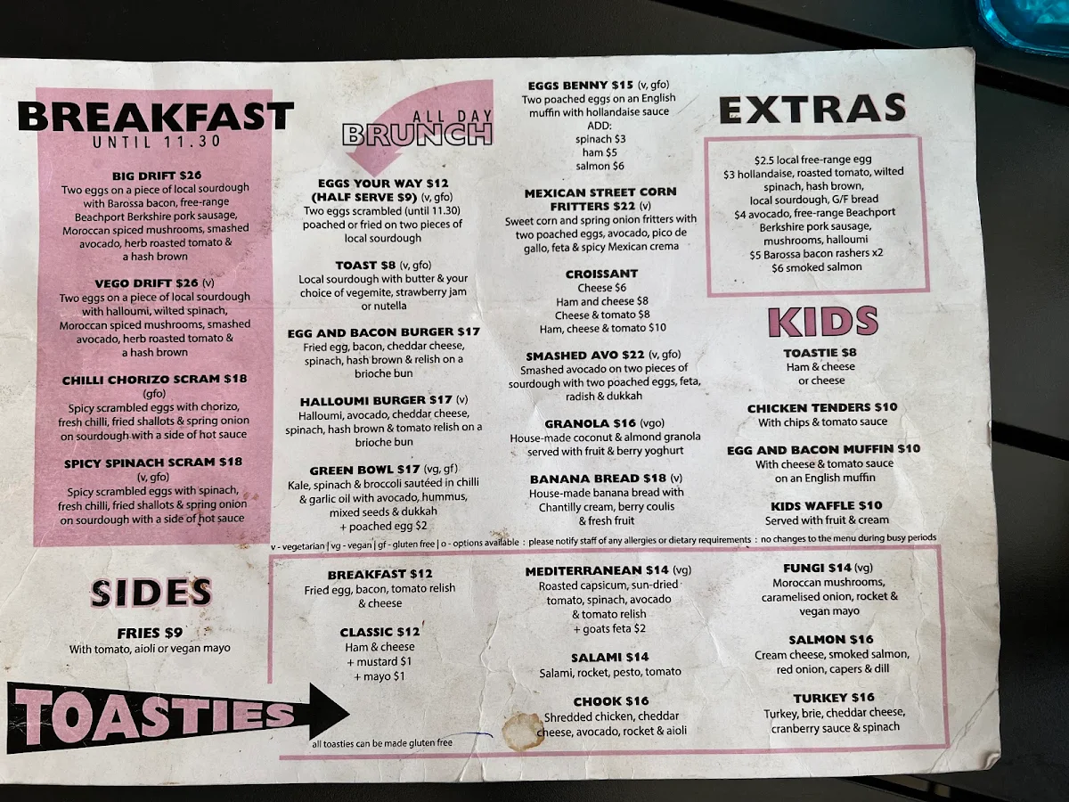 Menu, Drift @ Robe