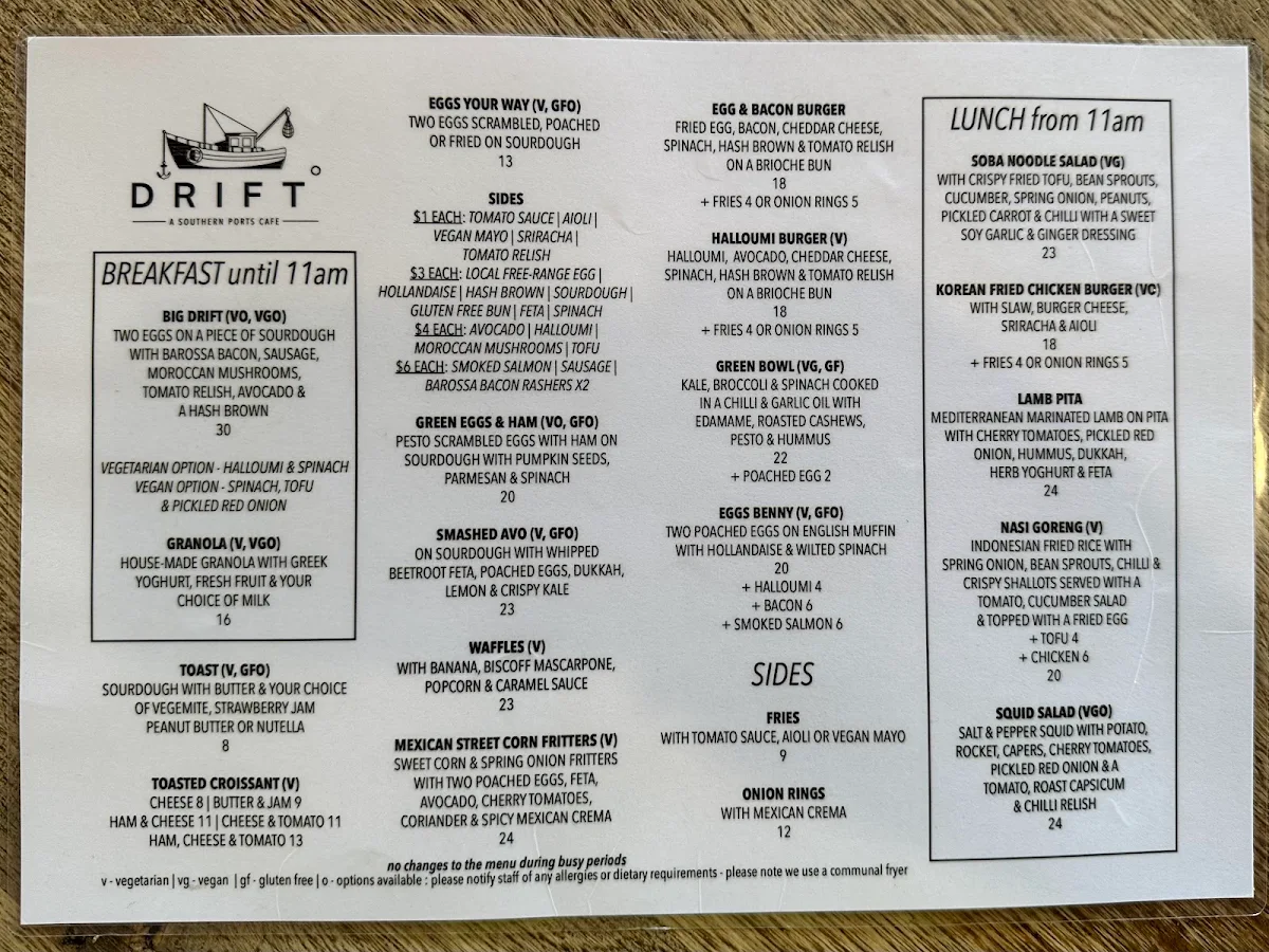Menu, Drift @ Robe