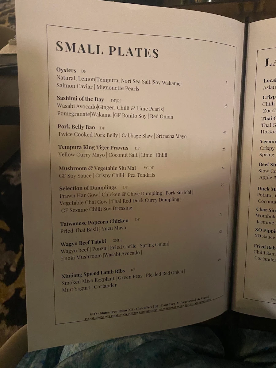 Menu, Infinity Restaurant