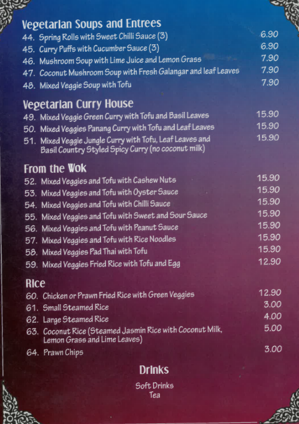 Menu, Thai on High