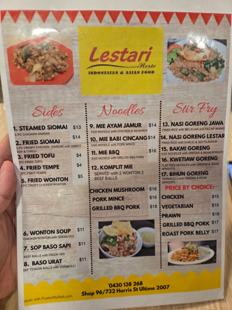 Menu, Lestari Resto
