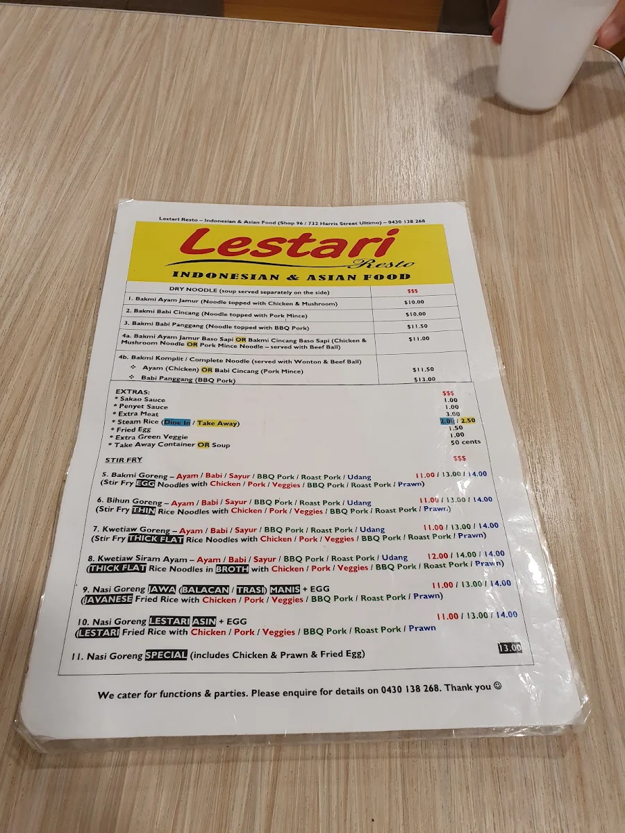 Menu, Lestari Resto