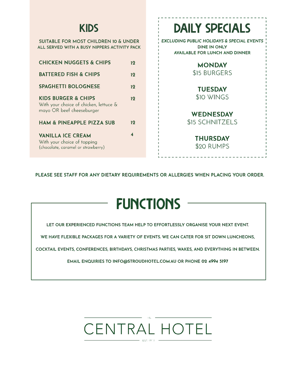 Menu, Central Hotel Stroud