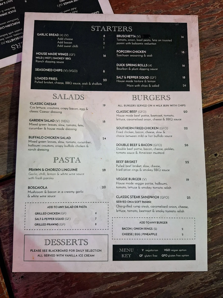 Menu, Central Hotel Stroud