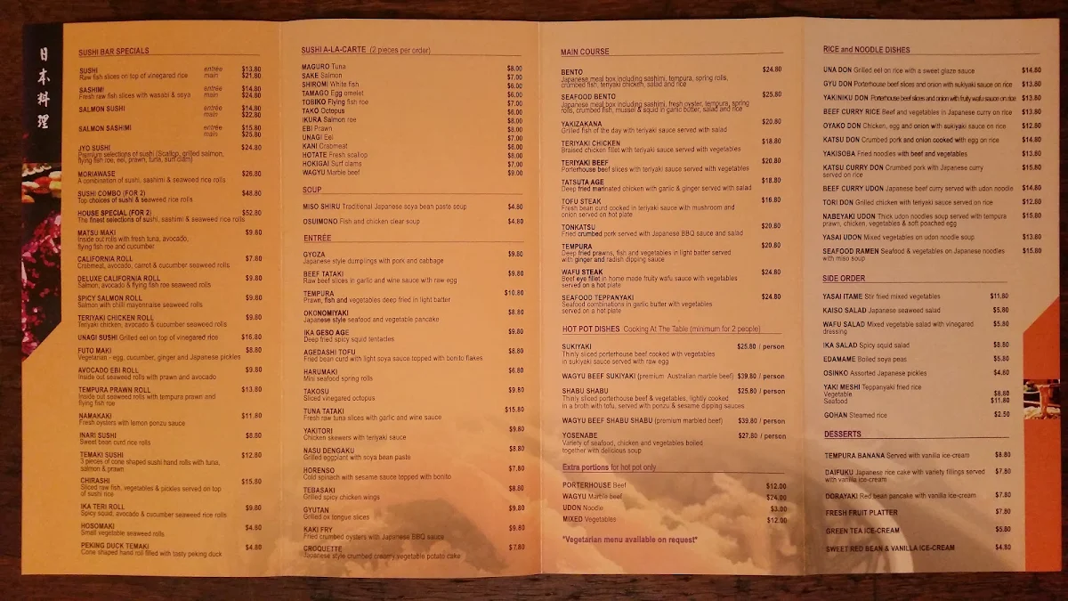 Menu, Matsuya Japanese Restaurant