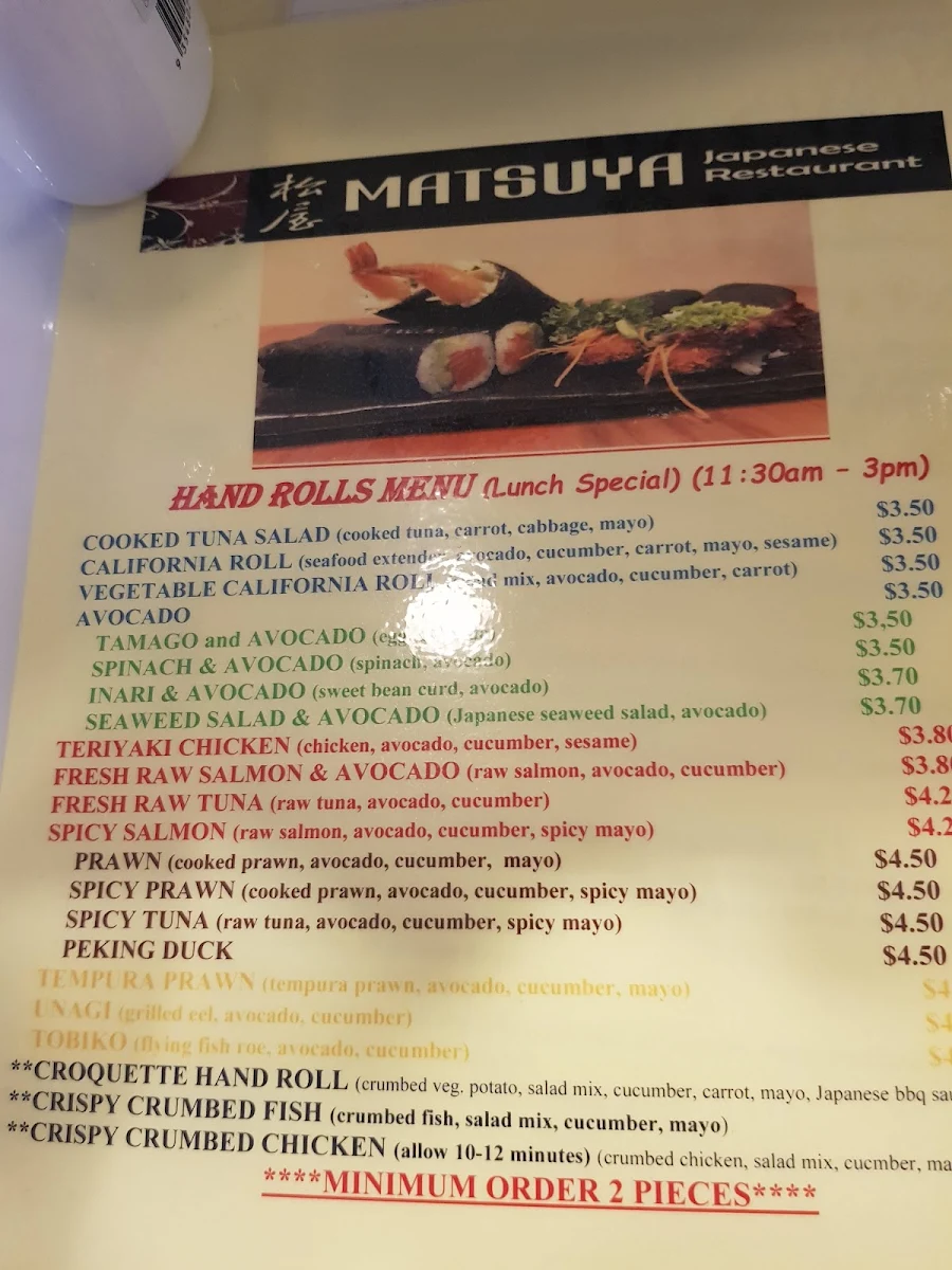 Menu, Matsuya Japanese Restaurant