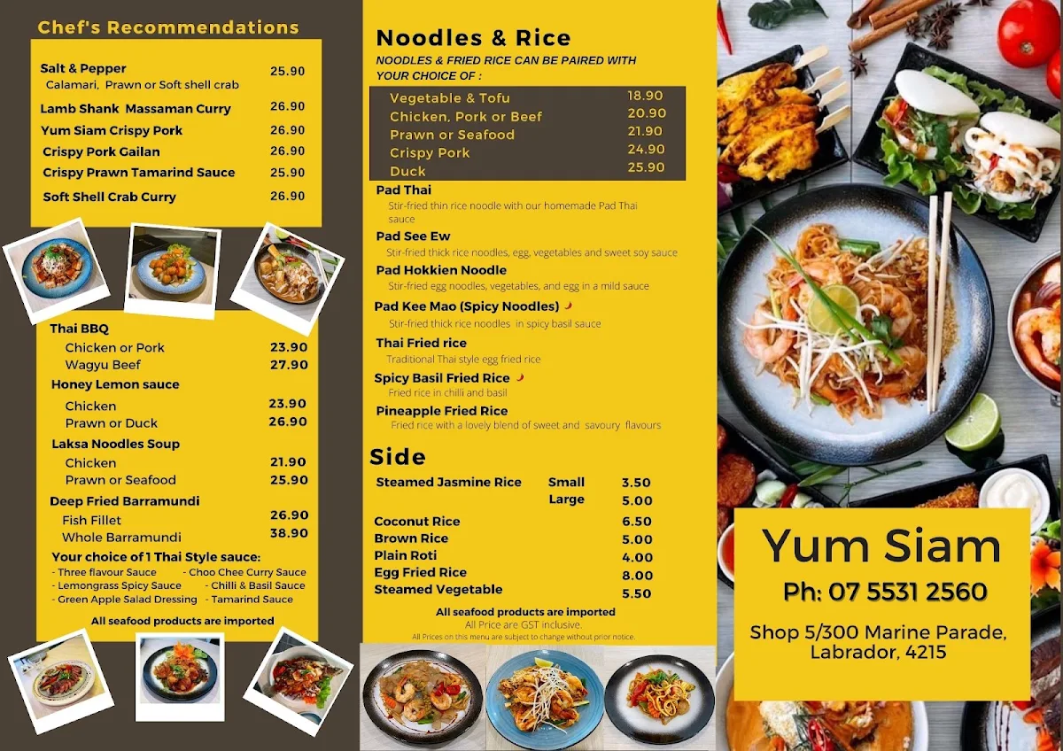 Menu, Yum Siam Thai Restaurant