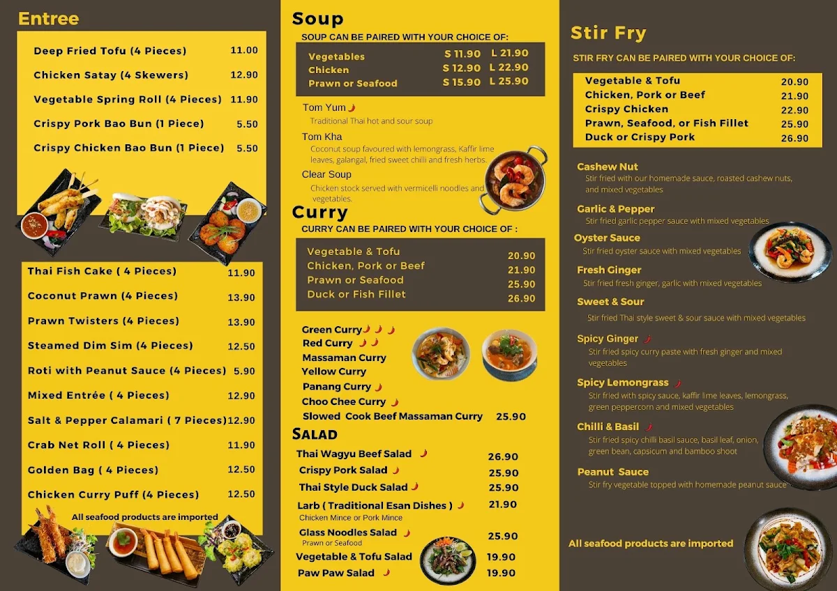 Menu, Yum Siam Thai Restaurant