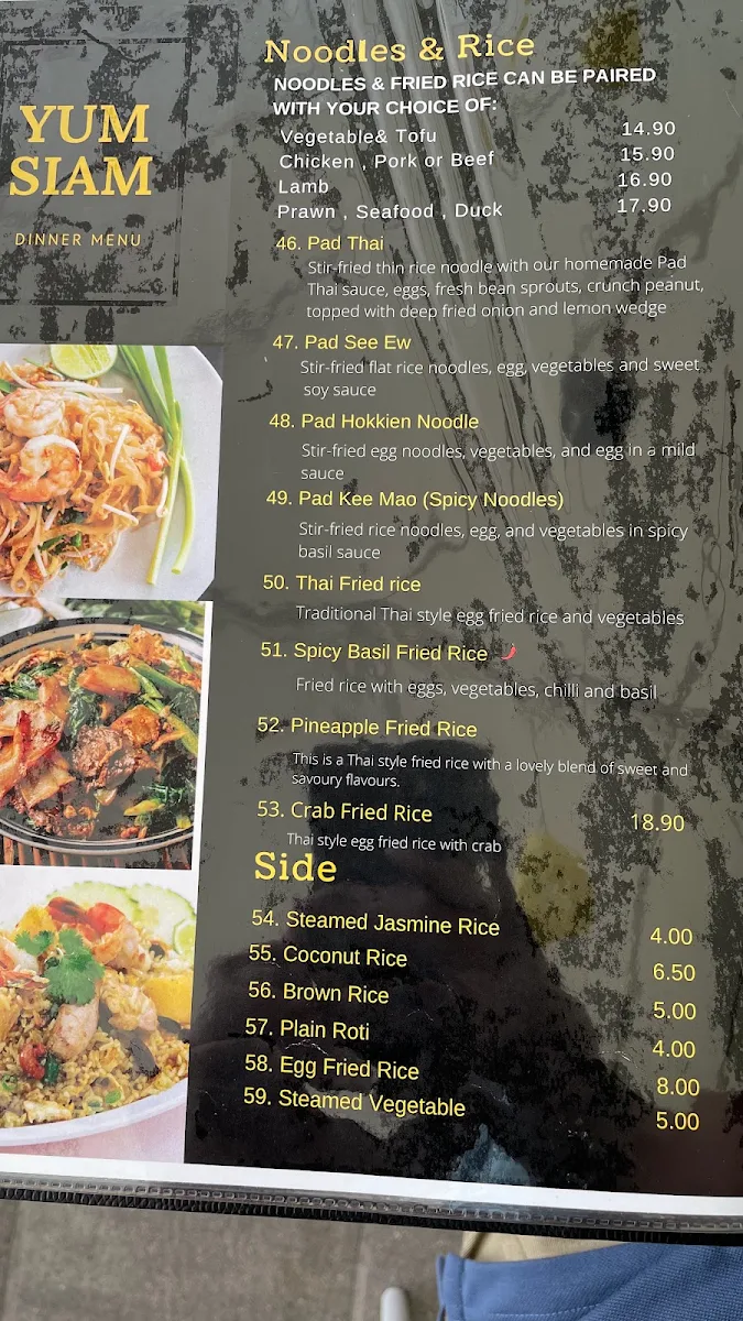Menu, Yum Siam Thai Restaurant
