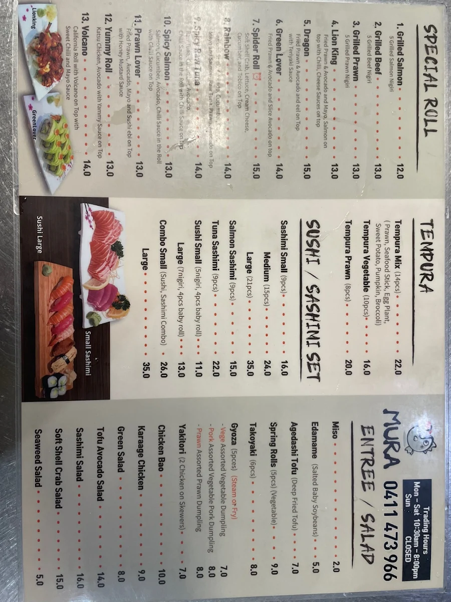 Menu, Sushi Mura
