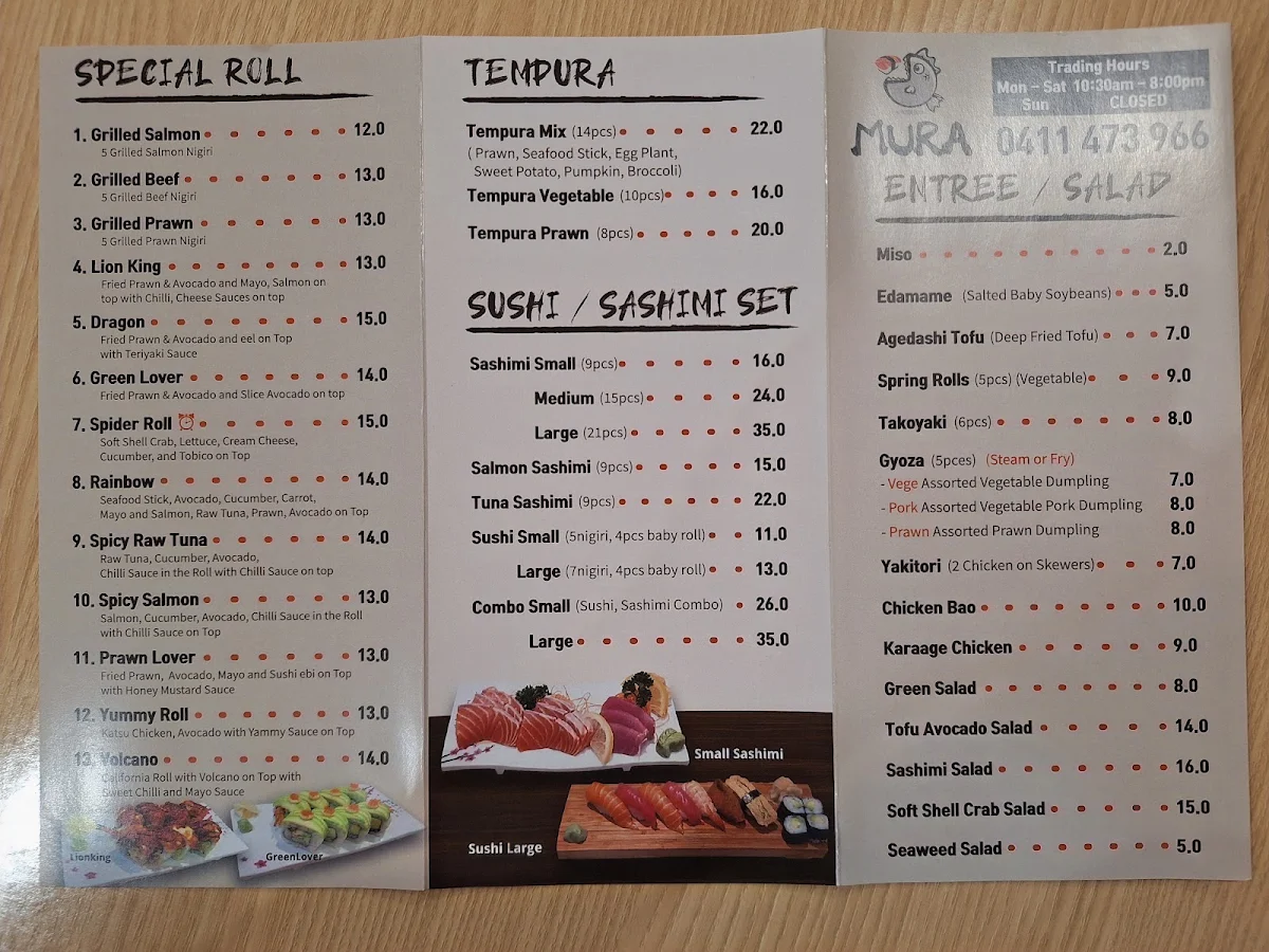 Menu, Sushi Mura