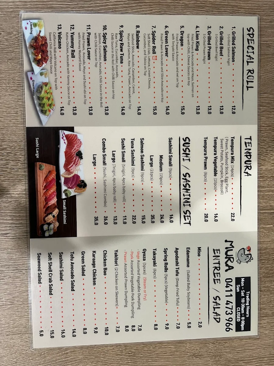 Menu, Sushi Mura
