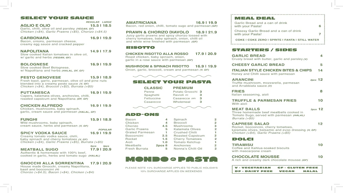 Menu, Mondo Di Pasta (Thornbury)