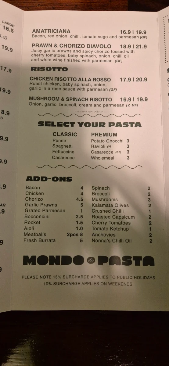 Menu, Mondo Di Pasta (Thornbury)