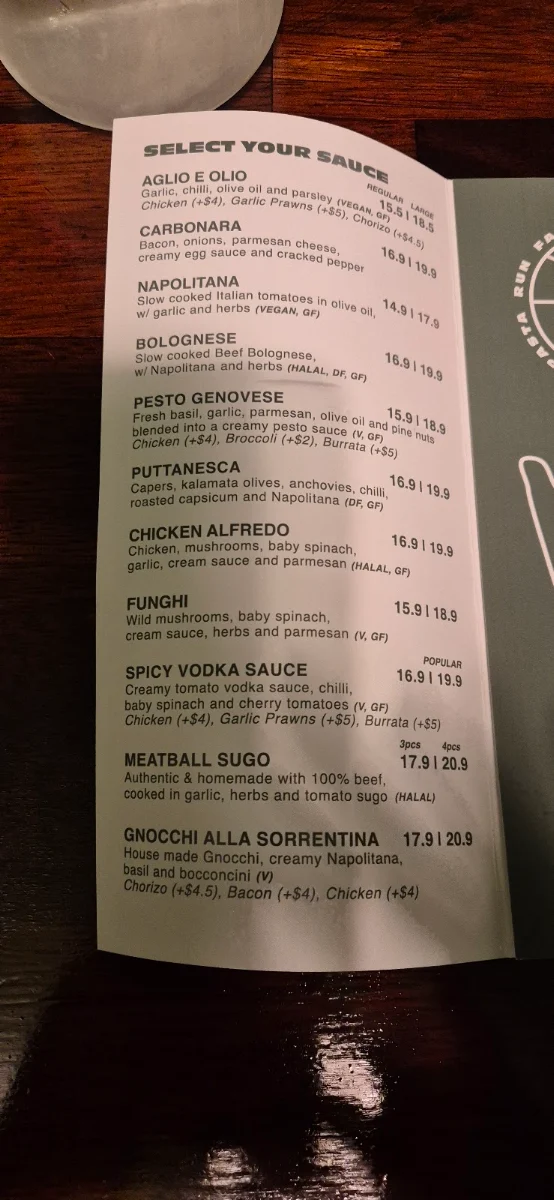 Menu, Mondo Di Pasta (Thornbury)