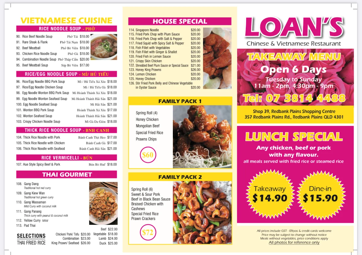 Menu, Loan's Chinese and Vietnamese Restaurant