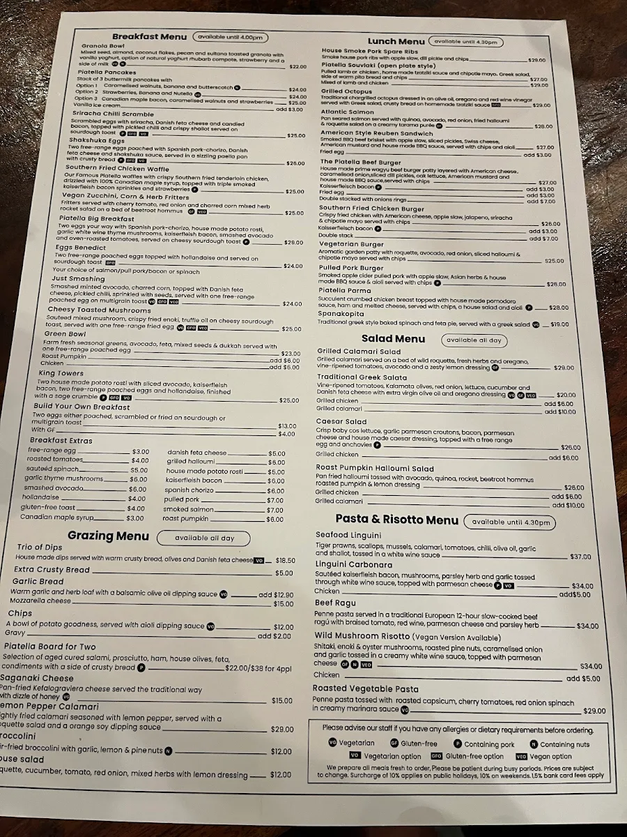 Menu, Piatella Cafe Bar