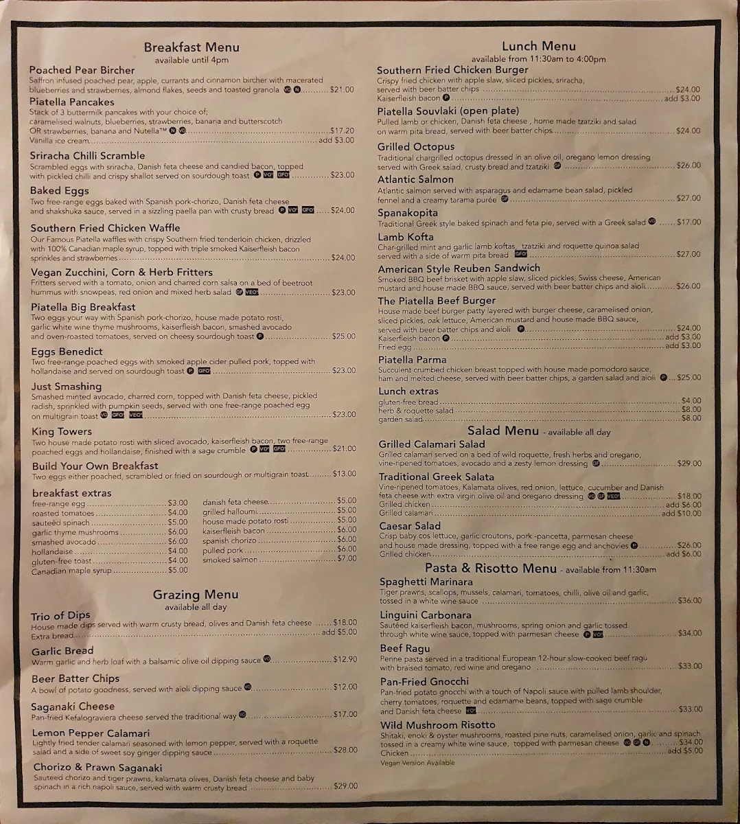 Menu, Piatella Cafe Bar