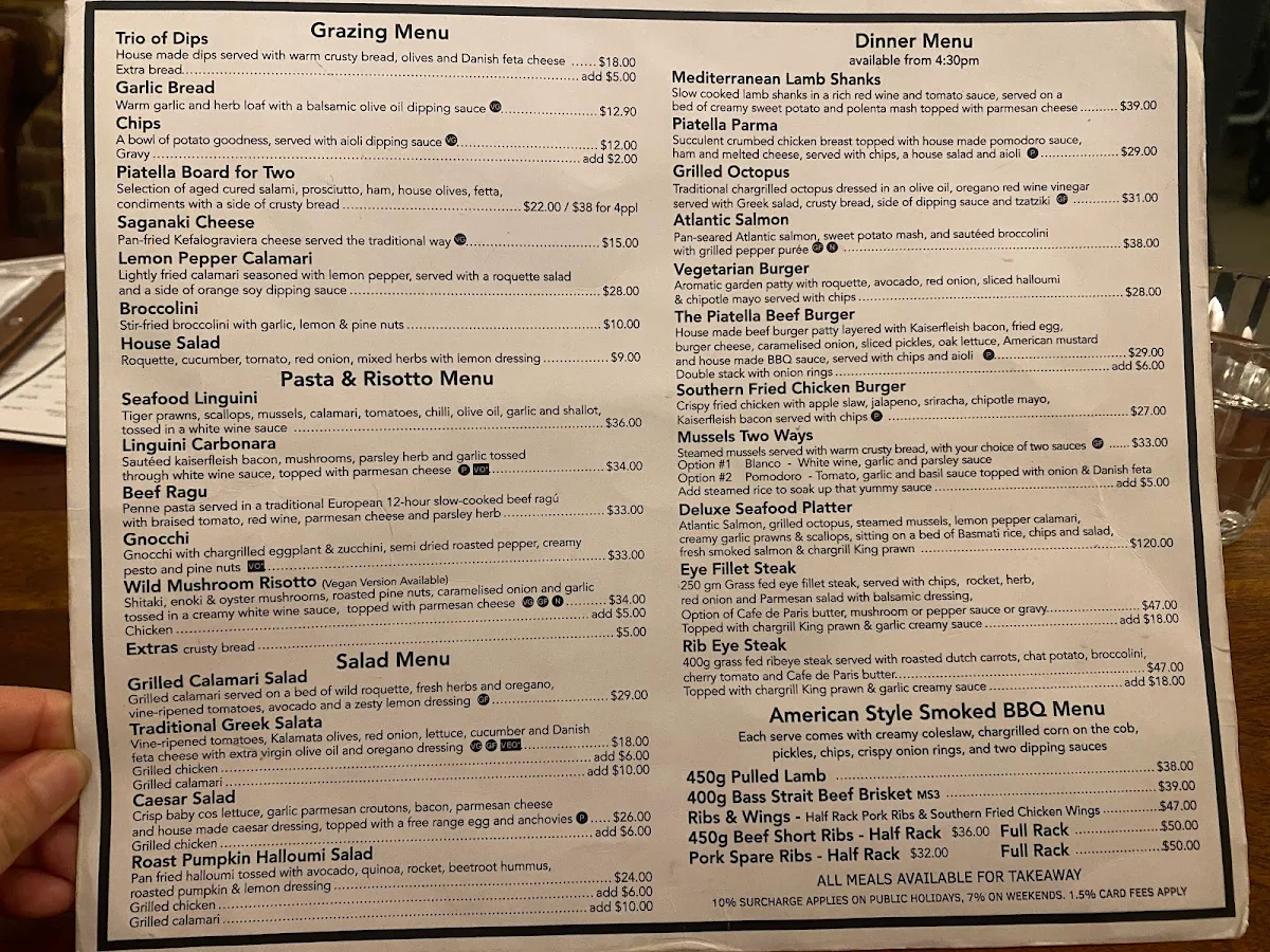 Menu, Piatella Cafe Bar