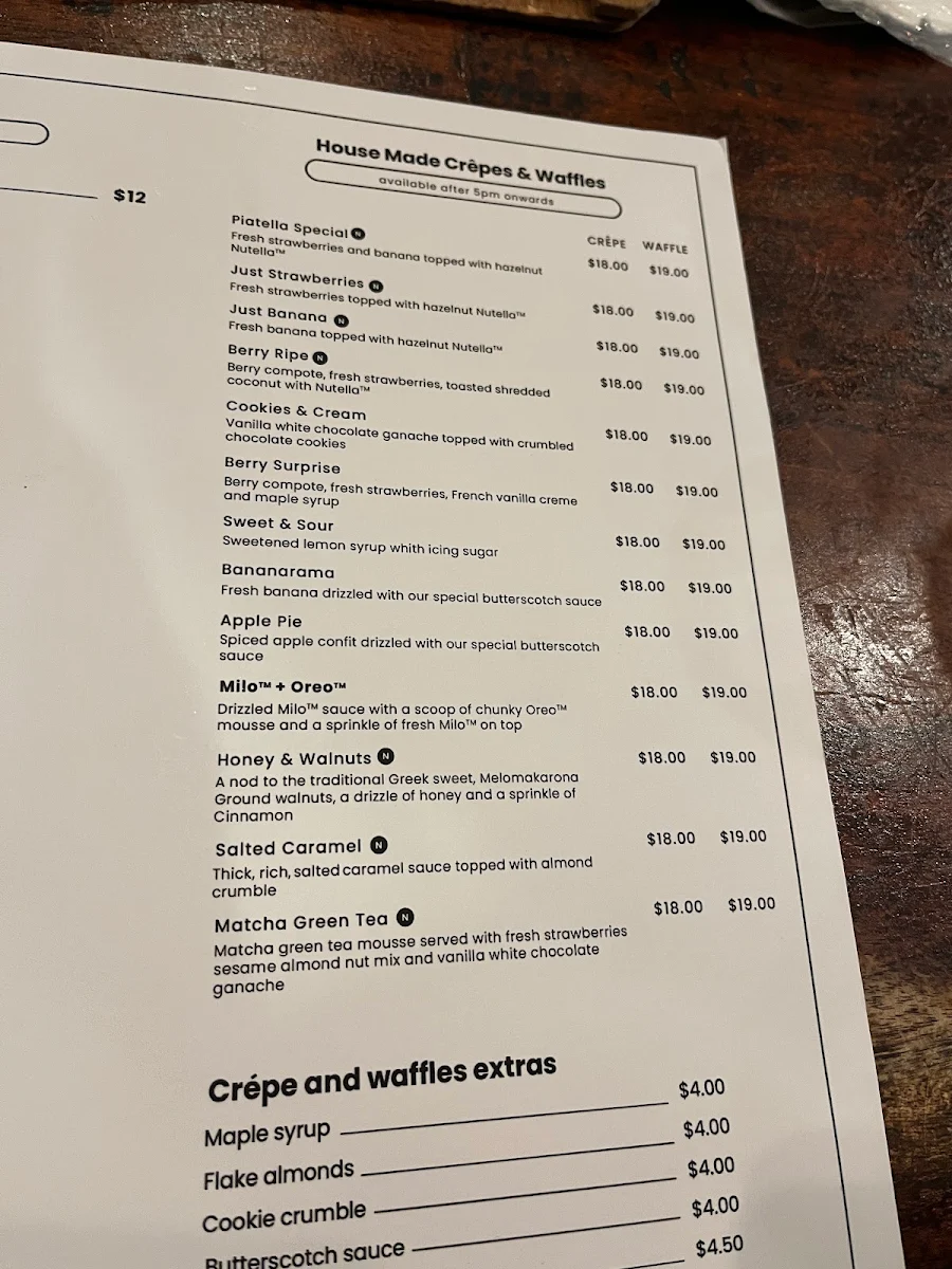 Menu, Piatella Cafe Bar