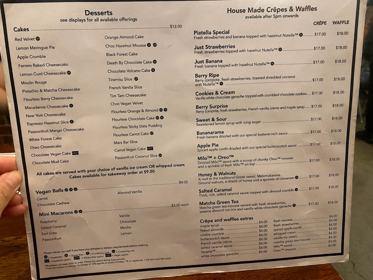 Menu, Piatella Cafe Bar