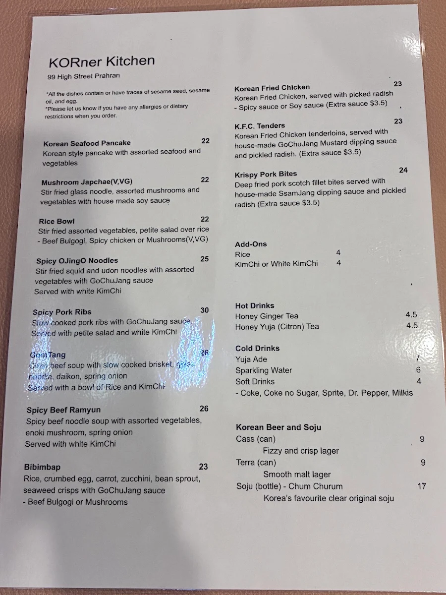 Menu, KORner Kitchen