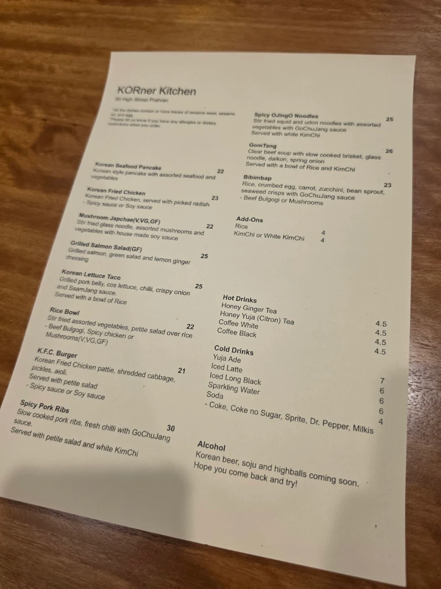Menu, KORner Kitchen