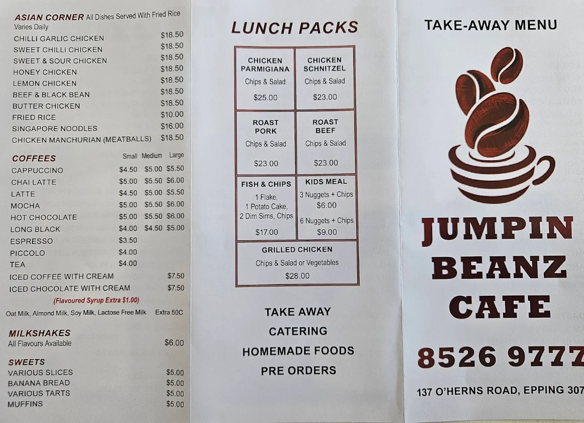 Menu, Jumpin Beanz Cafe