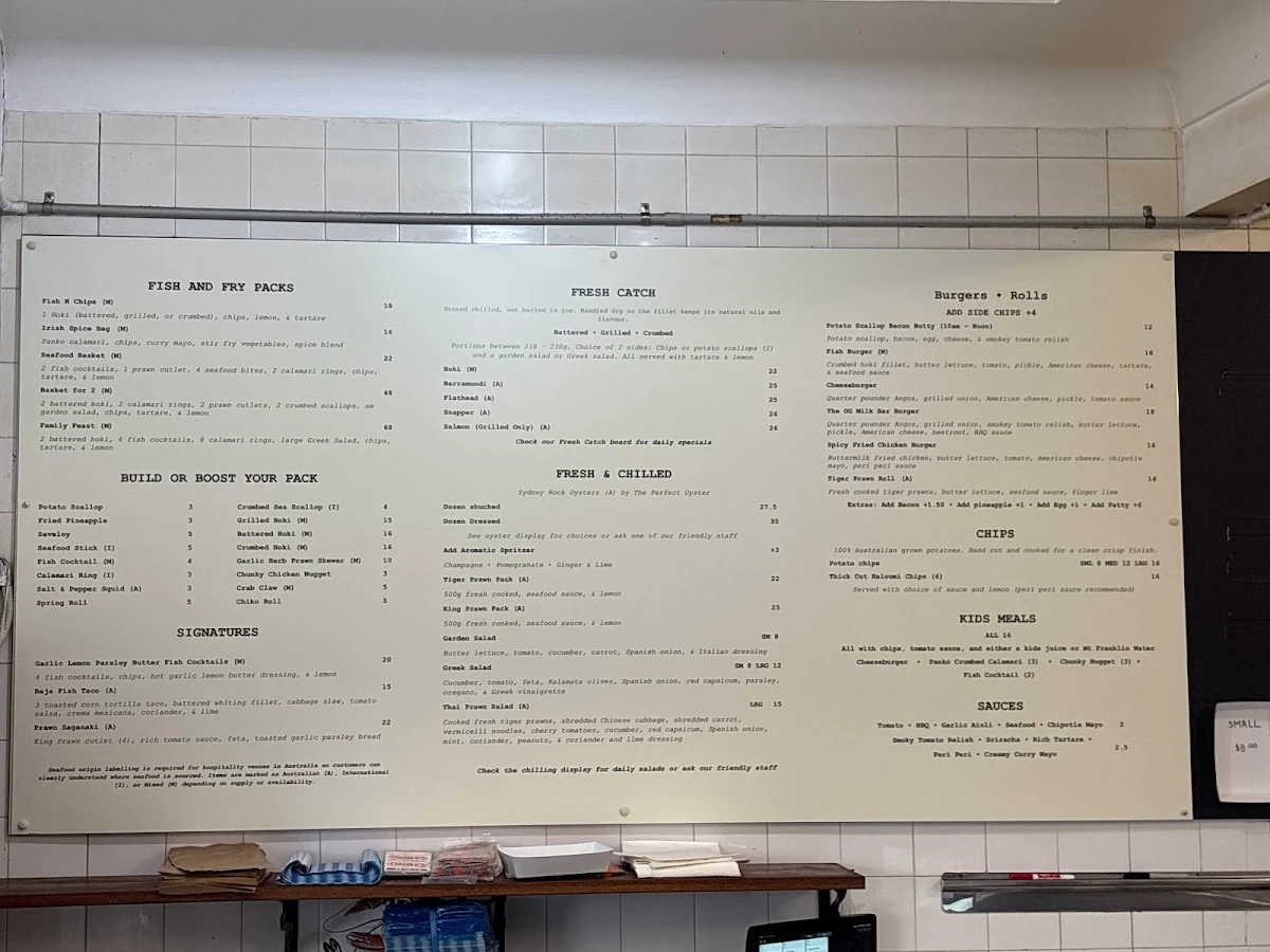 Menu, Lobby's Fresh Seafood and Takeaway