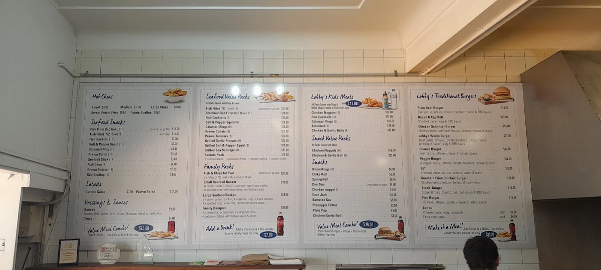 Menu, Lobby's Fresh Seafood and Takeaway
