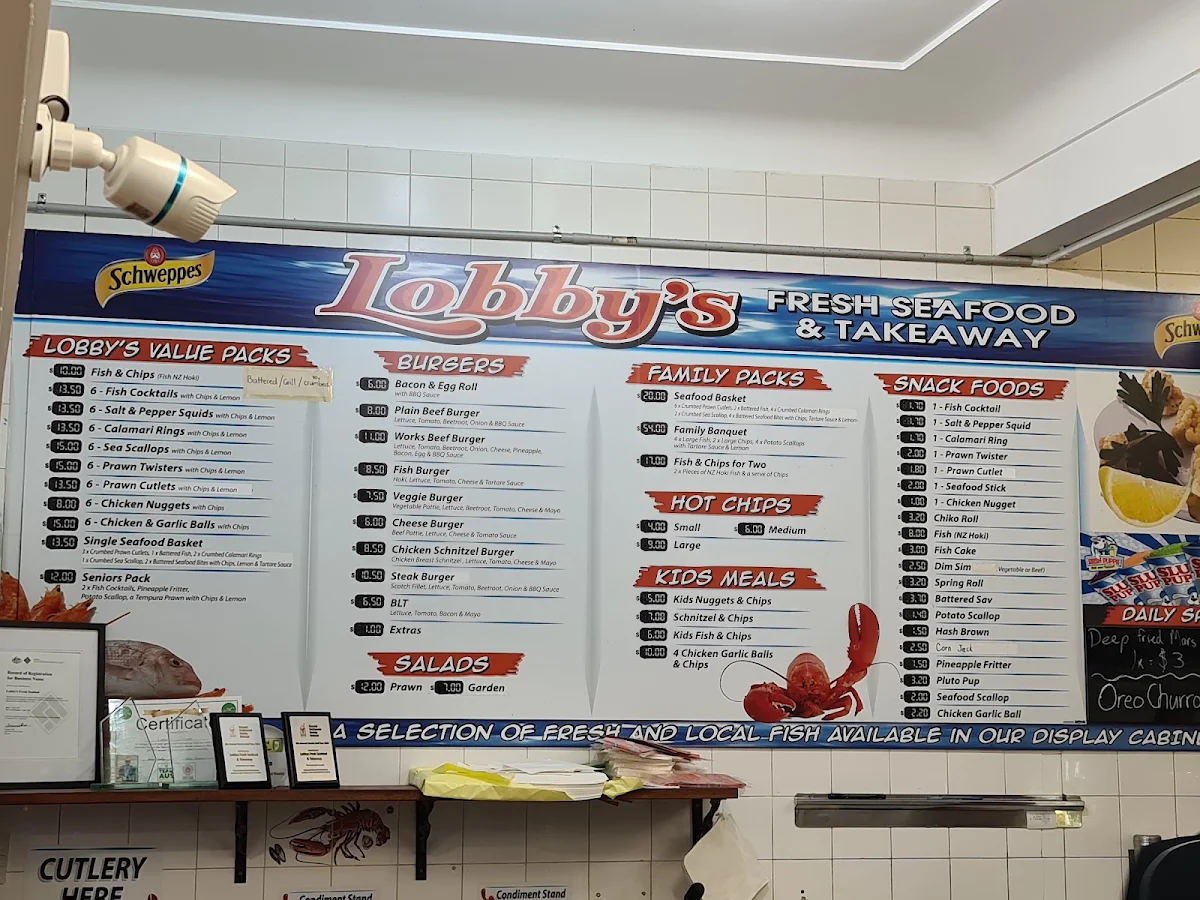 Menu, Lobby's Fresh Seafood and Takeaway