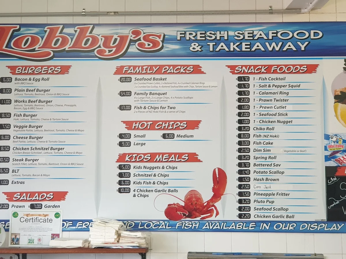 Menu, Lobby's Fresh Seafood and Takeaway