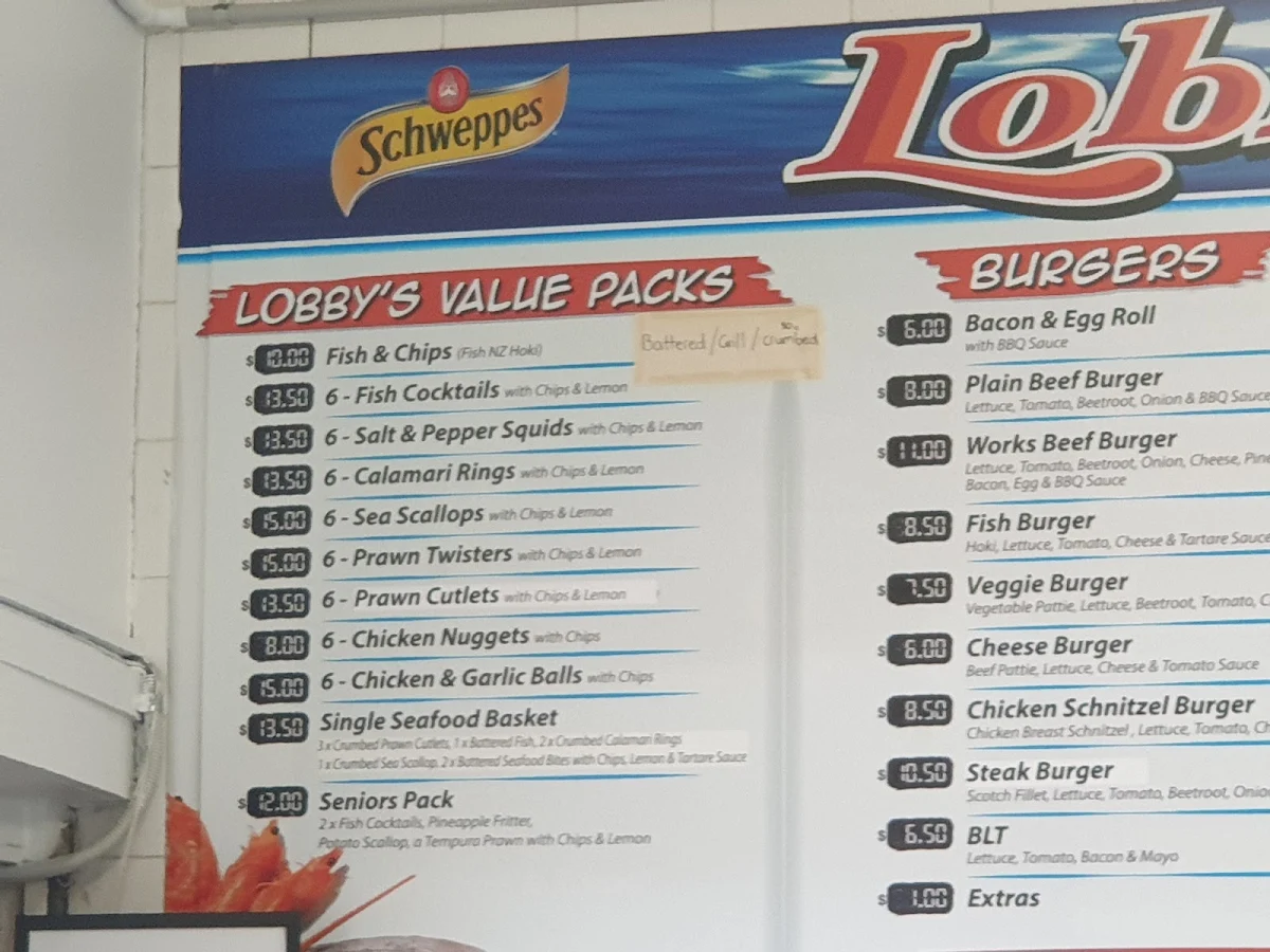 Menu, Lobby's Fresh Seafood and Takeaway