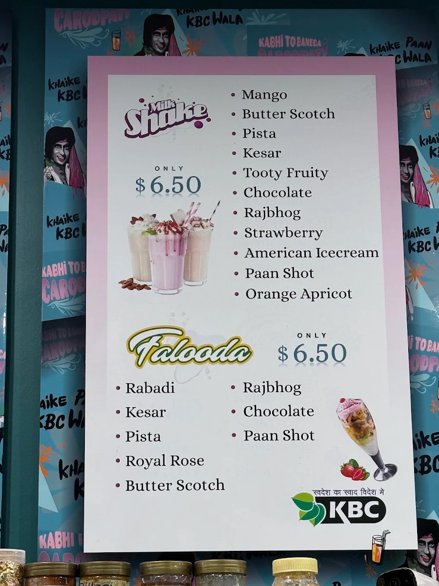 Menu, KBC Paan & Falooda House