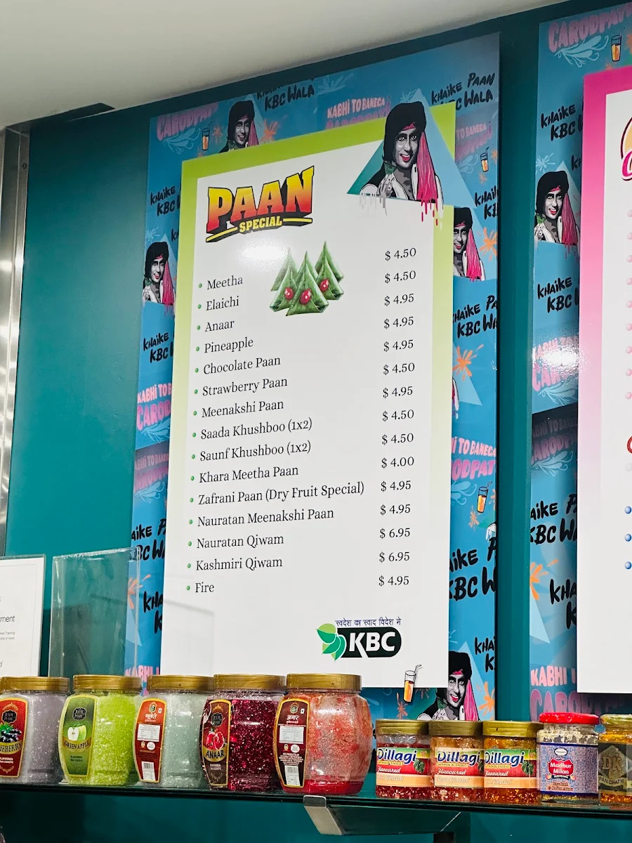 Menu, KBC Paan & Falooda House