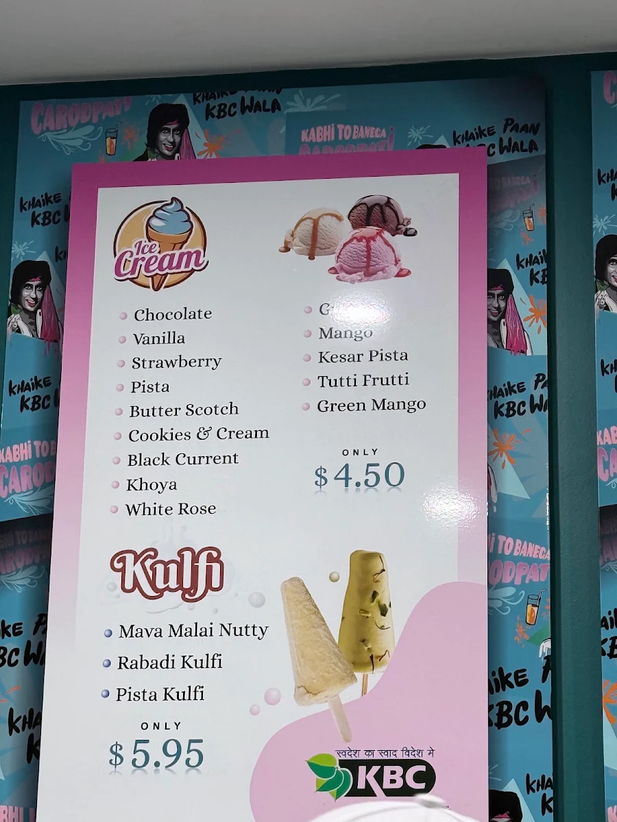 Menu, KBC Paan & Falooda House