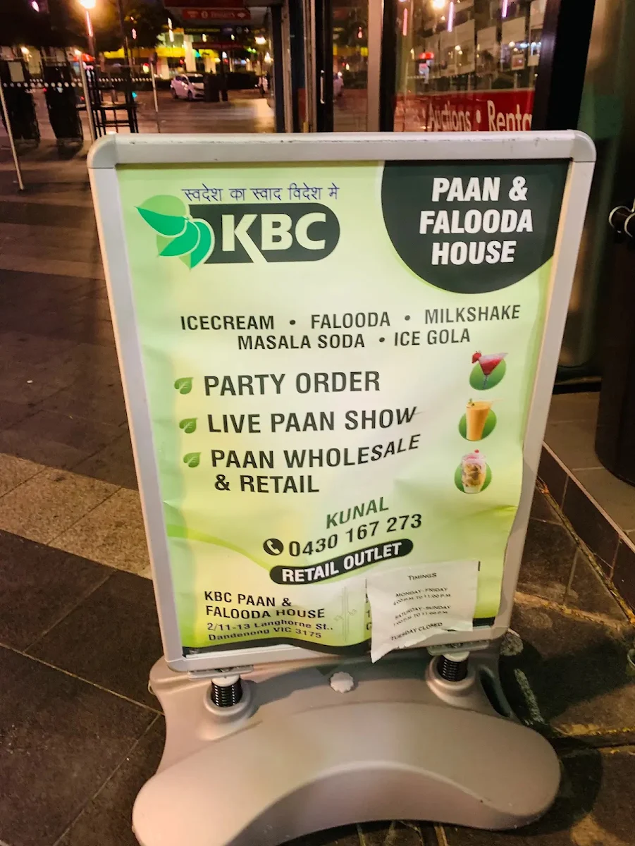 Menu, KBC Paan & Falooda House