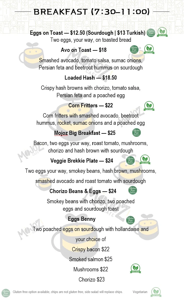 Menu, MOJOZCafe