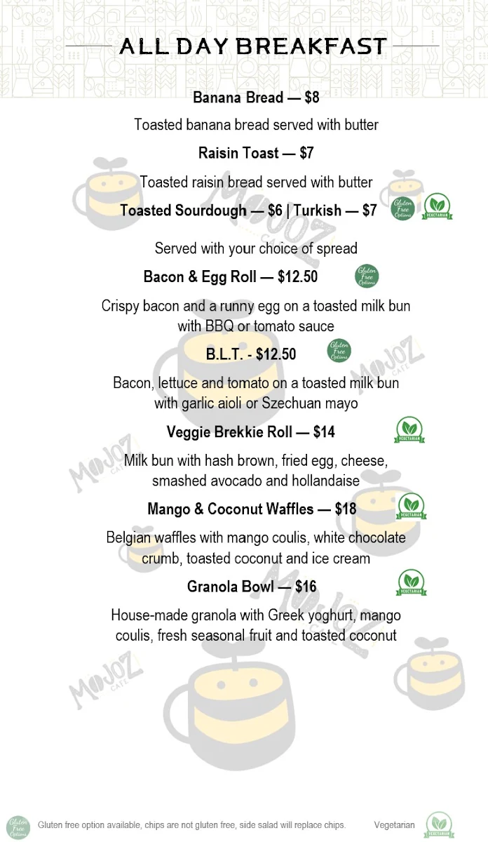 Menu, MOJOZCafe