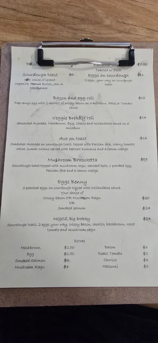 Menu, MOJOZCafe