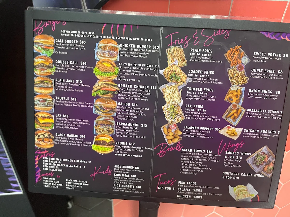 Menu, Cali Burgers Len Waters Estate