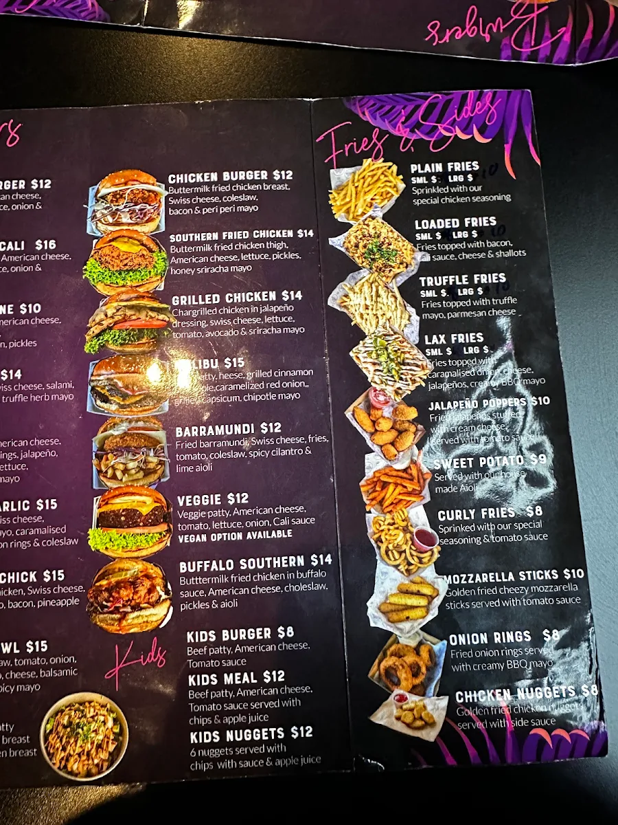 Menu, Cali Burgers Len Waters Estate